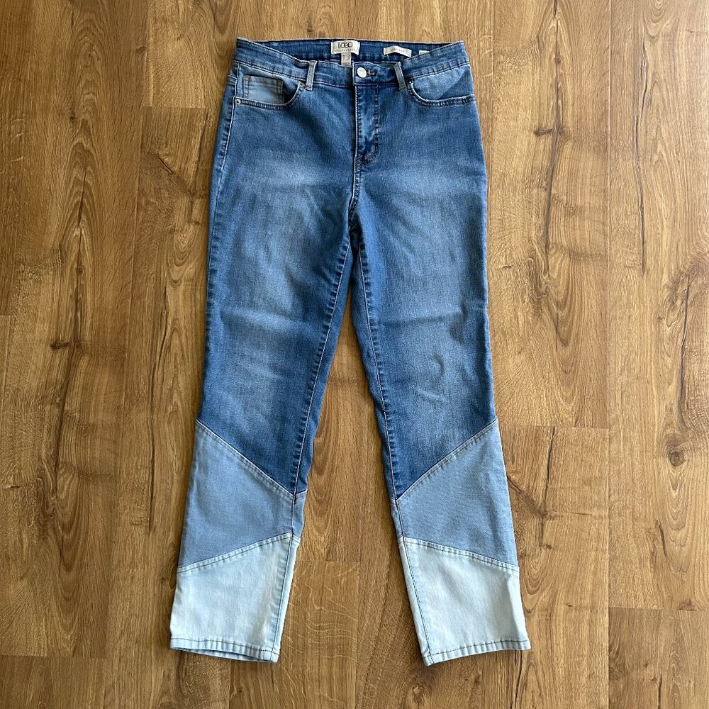 LOGO by Lori Goldstein Women’s Size 8 Mixed Denim Patchwork Straight Leg Jeans